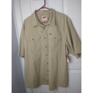 Wrangler Men's Tan SS 2XL Heritage Pocket Collared Button Shirt Stretch